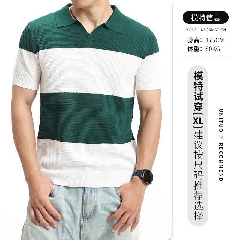 Hombres viejos ganchos de hielo de seda de punto polo camiseta de manga corta hombre de alto nivel de negocios camiseta de cuello de gaviota ropa de hombre
