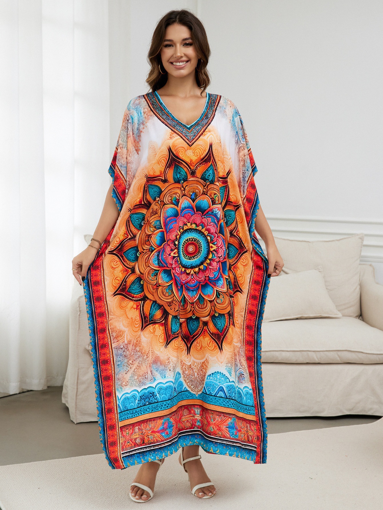 Rochie de plajă lungă kimono dama boho viscoză tie-dye_voghion.com