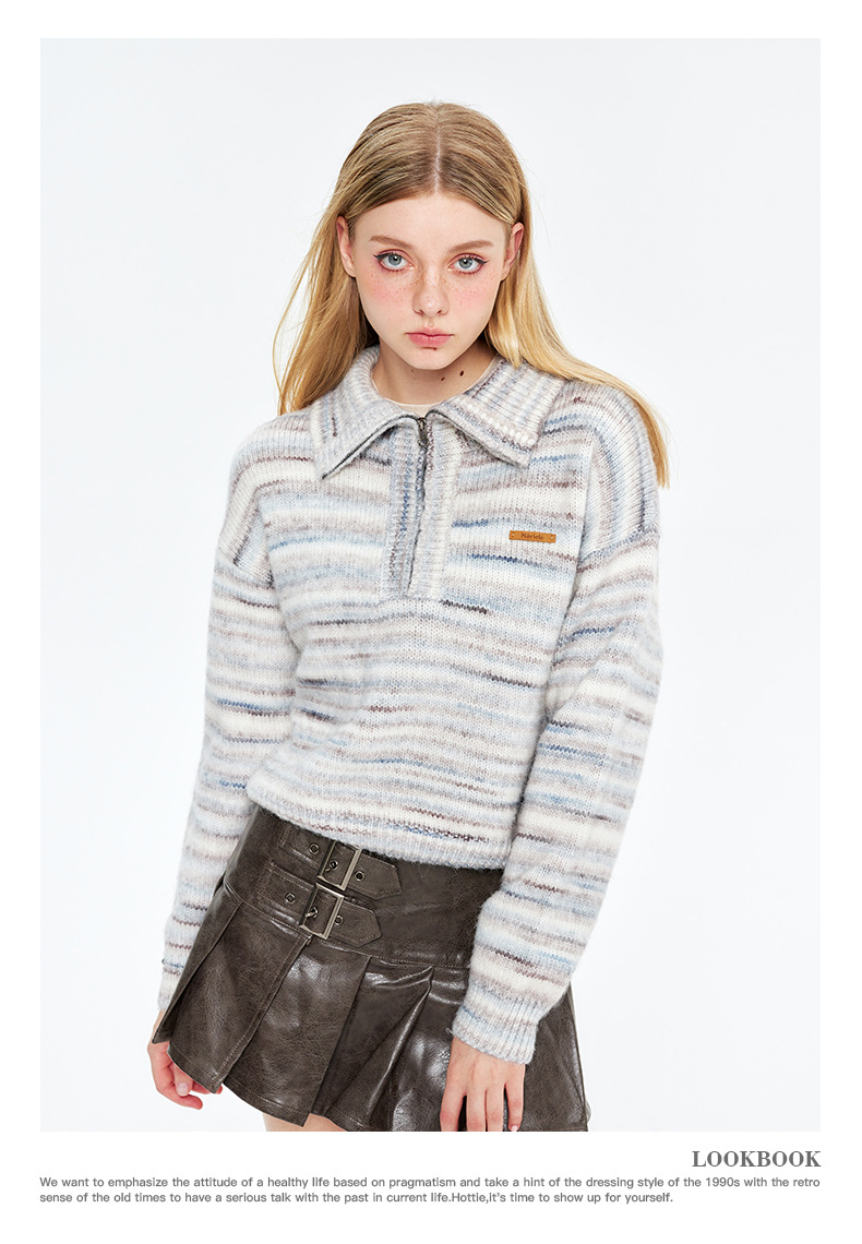 HeyHenry Polo Neck Short Sweet Half Zip Sweater Women's Stripe Simple 2023 New Knit Autumn_voghion.com