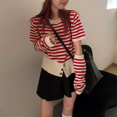 小众个性条纹撞色短袖针织上衣女秋冬新款时髦套袖两件套韩系毛衣