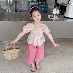 女童夏季2024新款女孩寶寶夏裝兒童短袖薄款夏韓范泡泡袖碎花套裝