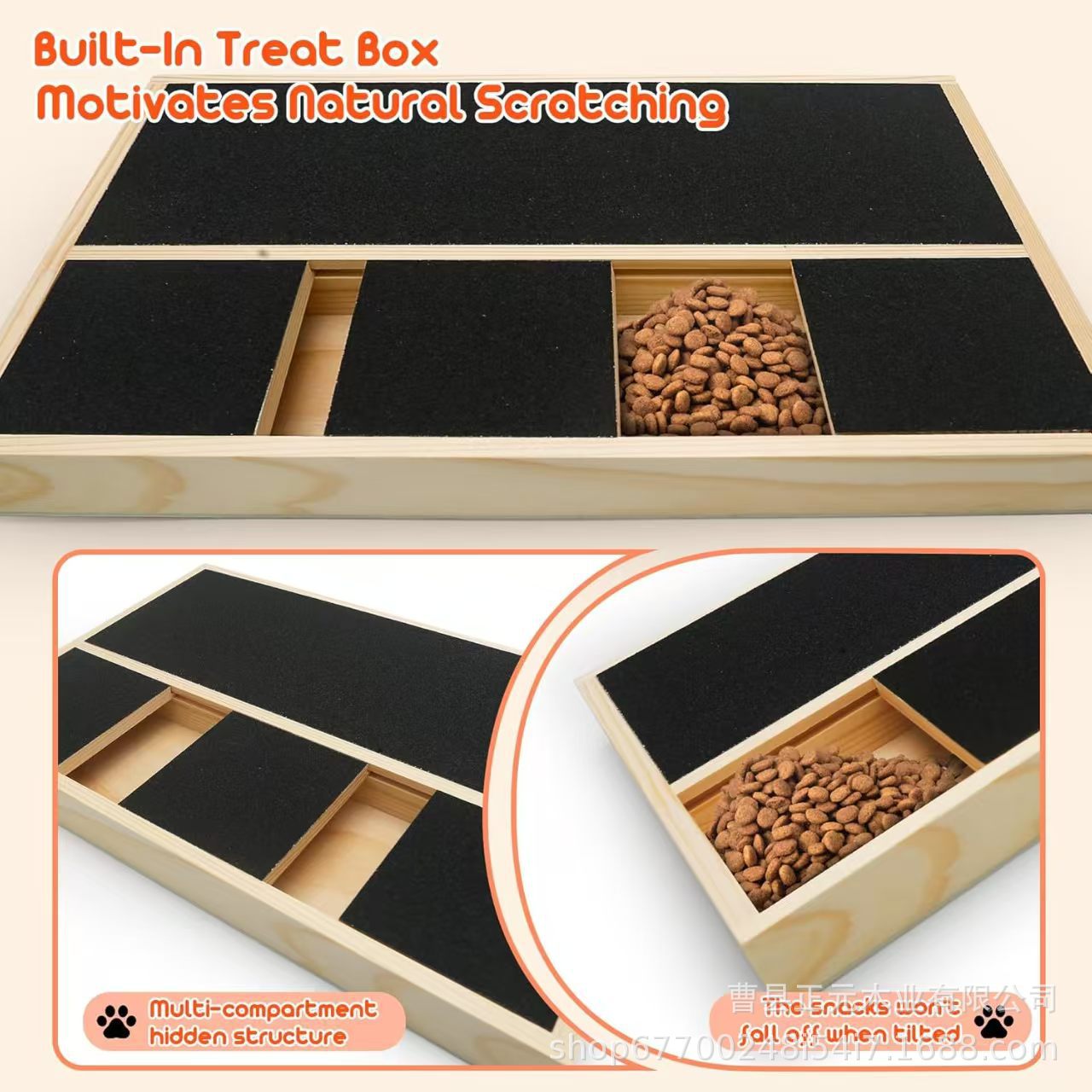 Wooden Dog Scratching Board with Storage Box for Claw Sharpening and Food-Foraging Toys