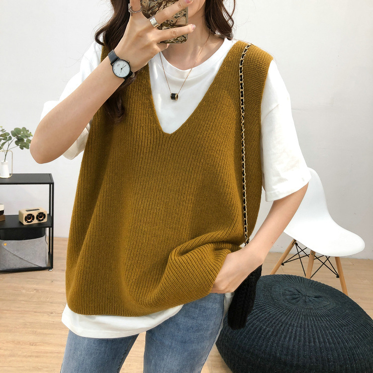 Retro Lazy V Neck Knitted Vest for Women, Versatile Loose Slimming Look Knitwear, Large Size Vest, Knitted Vest