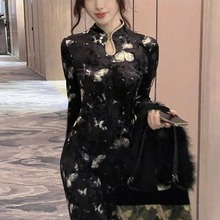 TZ3193国风黑色旗袍连衣裙法式设计复古气质长裙子2023新款女装