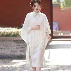 民族度假风白色镂空针织披肩开衫女夏春秋新中式旗袍外搭斗篷外套