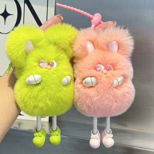 Cute Real Rex Rabbit Fur Little Rabbit Car Keychain Pendant Ins Plush Ball Doll Bag Pendant