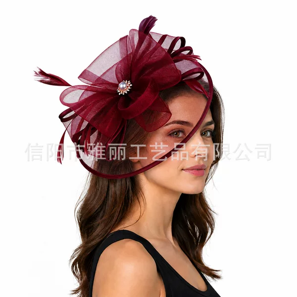 European and American vintage wedding banquet feather bow headpiece, horse racing club mesh hair accessory, hairpin, stage performance hair accessory