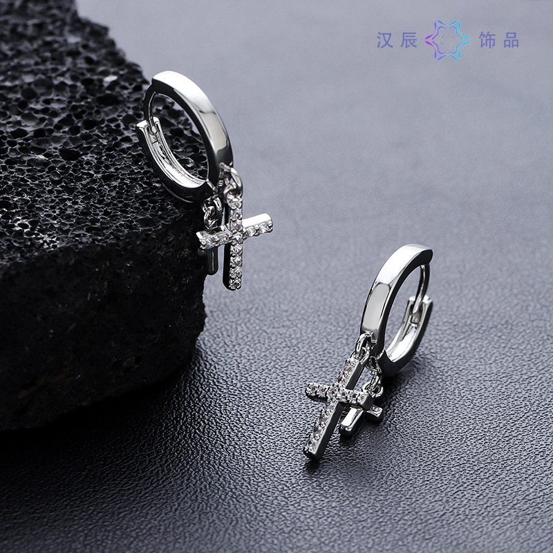 earrings man pair cross diamond high-grade all-matching hip hop earrings female summer simplicity ornament accessories