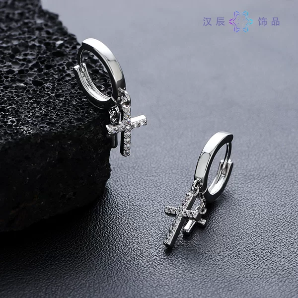 Earrings for Men with Double Cross and Diamond Inlay, Versatile Hip-Hop Ear Clips, Women's Summer Simple Accessories, Stylish and Cool