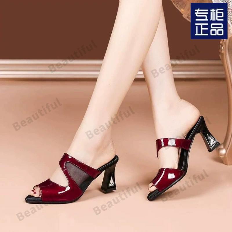 Красные босоножки на высоком каблуке для летней женской обуви 2025 года, новые, на толстом каблуке, сетчатые, с вырезами, не утомляющие ноги, шлепанцы, туфли с открытым носком