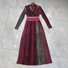 现货高端品质秋季欧美爆款名媛气质修身显瘦长袖开叉针织连衣裙女