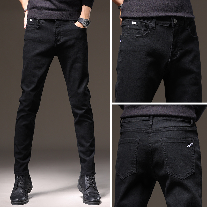 Autumn and winter men's casual jeans Korean version trendy stretch washed slim fit black straight tube with thick velvet_voghion.com