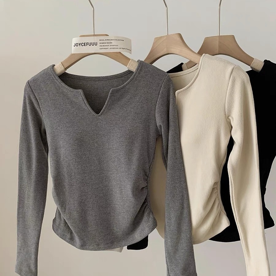 小韩系女士亲肤舒适收腰内搭V领胸垫带磨毛显瘦保暖上衣打底衫女