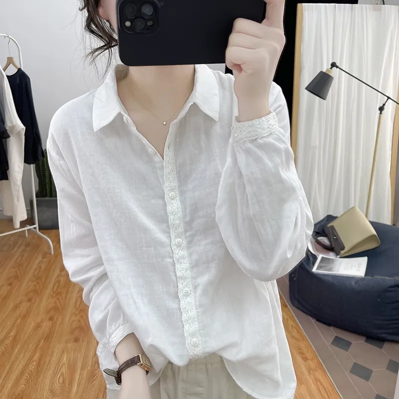 春夏の新作コットンとリネンの女性用シャツ、レースステッチの純綿長袖ルーズ年齢軽減トップス、レトロボトムシャツ|undefined