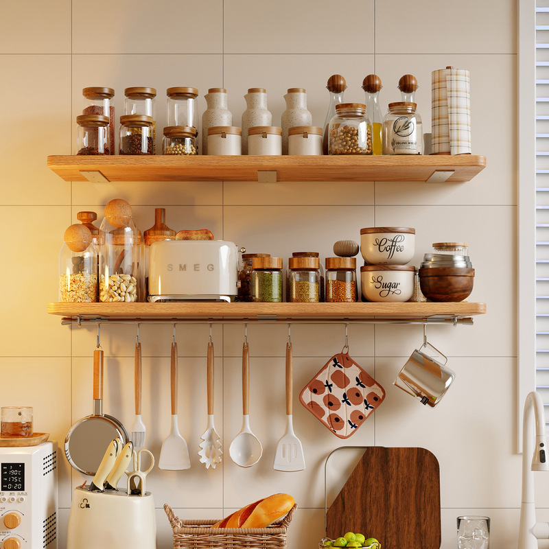 Kitchen Wall-Mounted Shelf, No-Drill Solid Wood Straight Board, Restaurant Bar Spice Storage Rack, Wall Hanging Partition Shelf