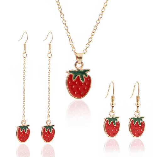 Fashionable Minimalist Fresh Summer Fruit Strawberry Shaped Earrings and Necklace Set, Cross-Border New Product