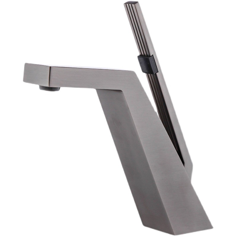 Grifo de cobre para lavabo de baño, color gris bronce, con doble manija para agua fría y caliente, ecológico.