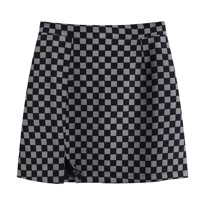 Spring, autumn and winter retro chessboard plaid skirt high waist slimming design sense niche temperament sheath slimming A- line skirt