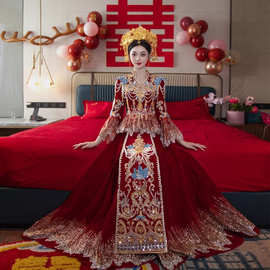 高端丝绒V领秀禾服新娘2025新款小个子显瘦中式结婚秀和服中国风