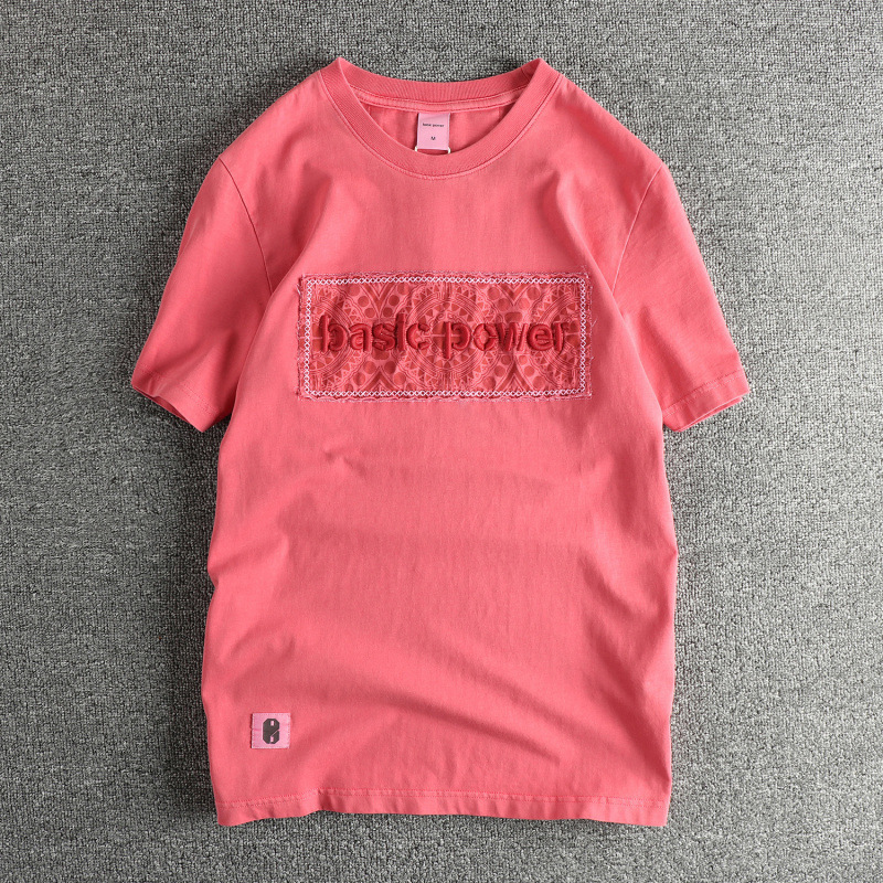 Counter Version Heavy Patch Embroidered Letter Short-Sleeved T-Shirt Washed and Distressed American Retro Trendyy Men's and Women's Half-Sleeved T-Shirt