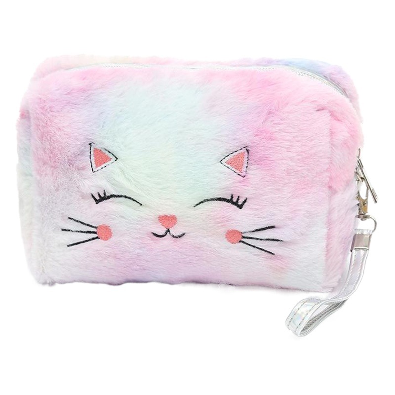 Coreano de dibujos animados felpa lavado pequeño bolso cuadrado colorido mullido gato PVC bolsa de cosméticos suave Lindo bolso de la cremallera al por mayor