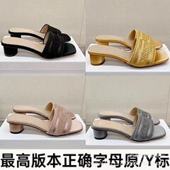 高版d家一字スリッパ女夏外着2024s新型絹織物のアルファベットのハイヒールのサンダル
