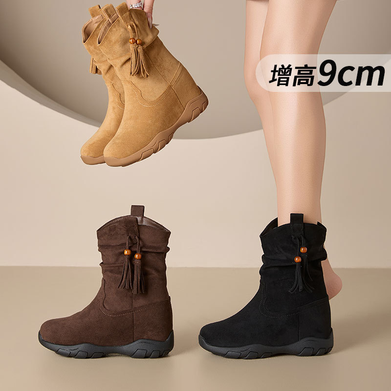 Women's Height-Increasing Martin Boots 2025 Autumn and Winter New Style Invisible 9cm Mid-Calf Slouch Boots with Fleece Lining Slim High-Heeled Short Boots