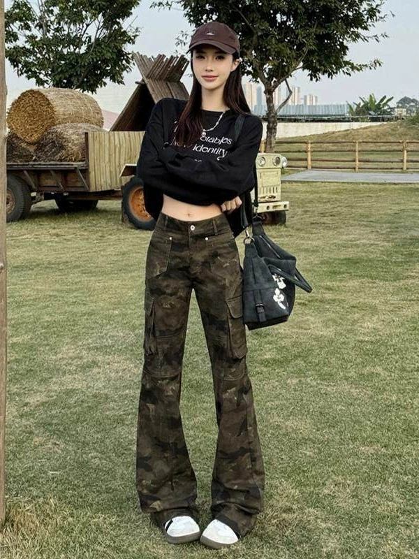 Американские чистые fit bootcut камуфляж джинсы для мужчин и женщин, дизайн с множеством карманов, повседневные штаны верхнего класса