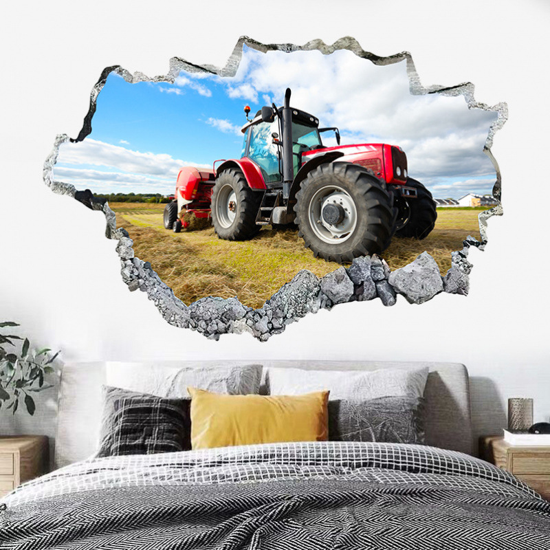 Tractor tridimensional transfronterizo 3d pegatinas de pared dormitorio sala de estar decoración de fondo de pared pared rota pegatinas de PVC autoadhesivos