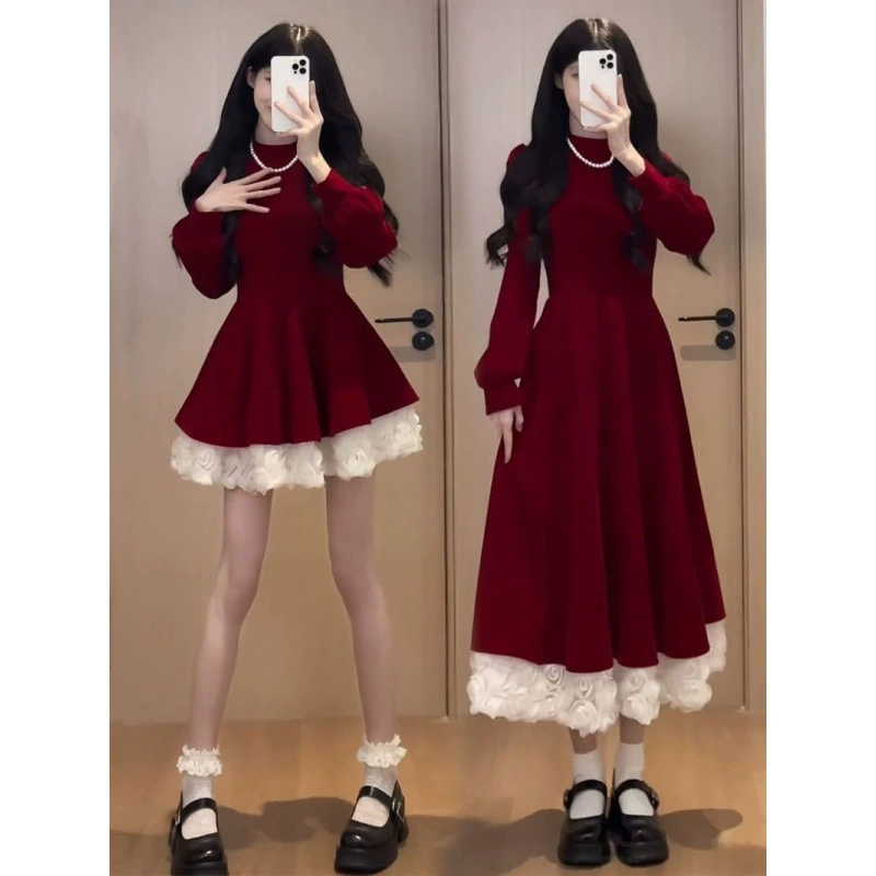 Чувство подруги в бархатном платье с талией Женская осень-зима 2024 Рождественский костюм Сладкое красное платье с уменьшением возраста