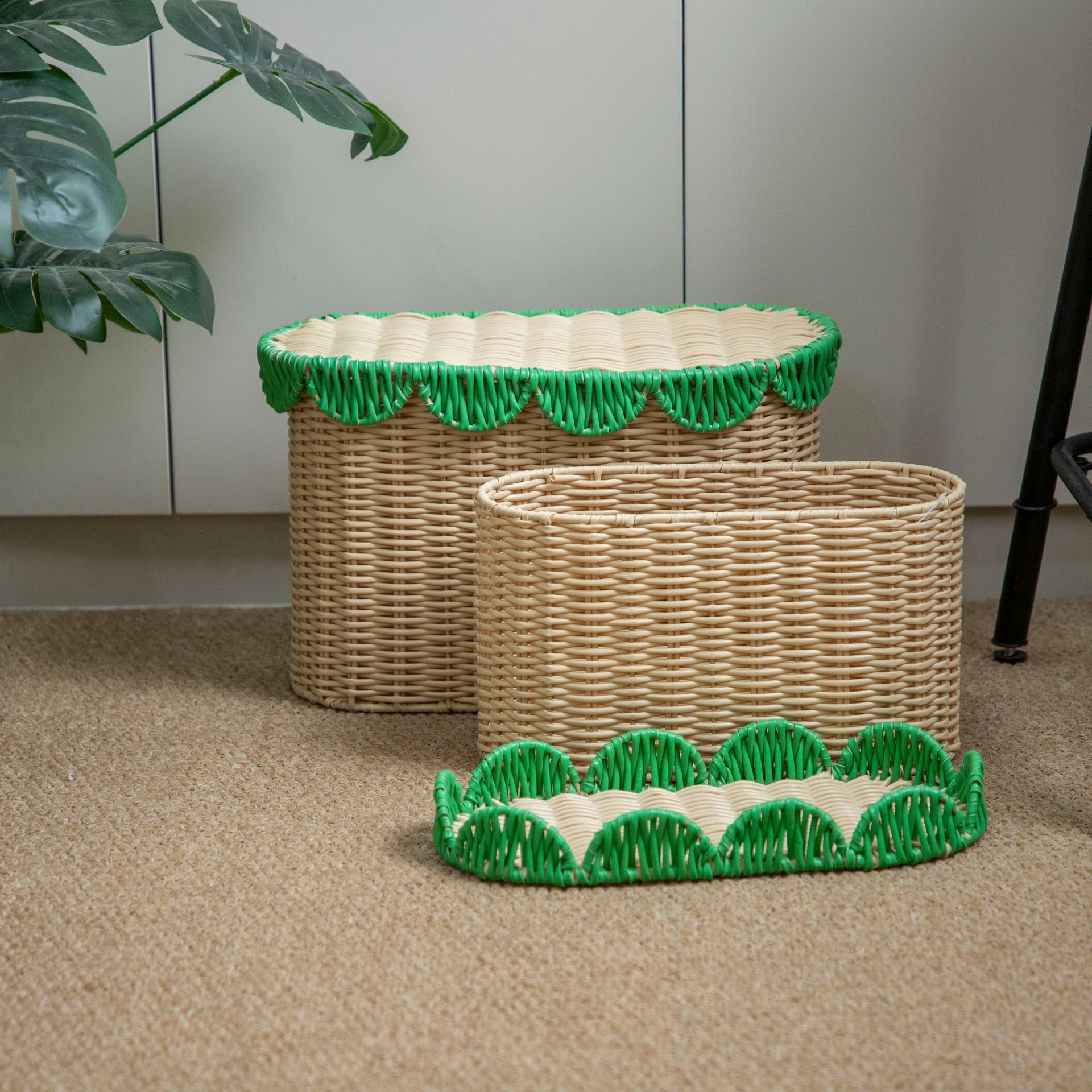 Amazon nuevo producto de caña verde canasta de encaje pequeño almacenamiento fresco almacenamiento de escritorio almacenamiento de gabinete de acabado
