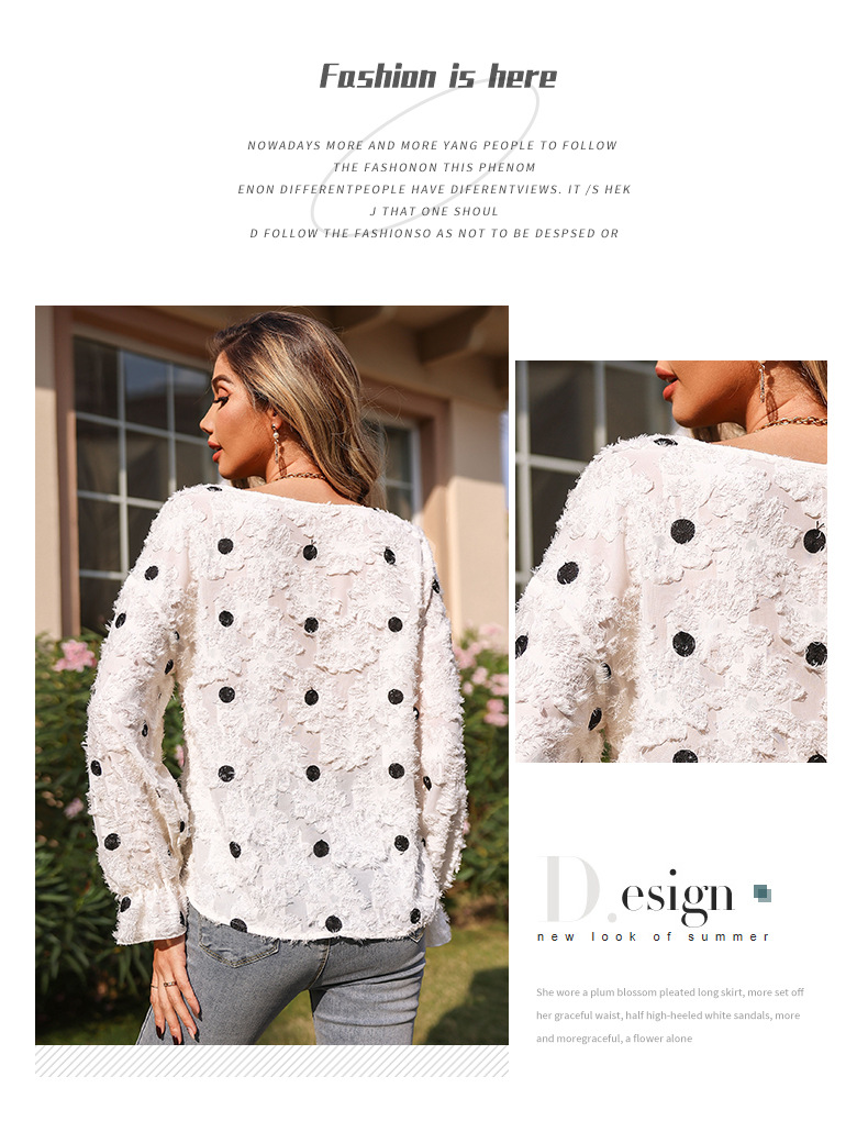 Πουλόβερ από σιφόν με πουά και μακριά μανίκια και λαιμόκοψη V_voghion.com