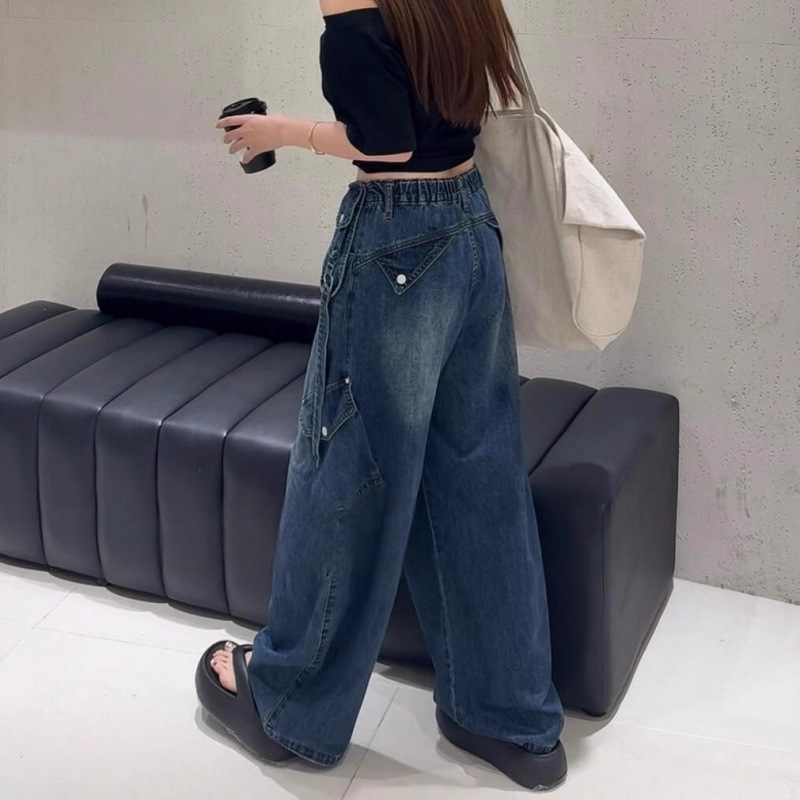 美式设计感工装弯刀牛仔裤女秋季2025新款高腰宽松阔脚休闲拖地裤|undefined