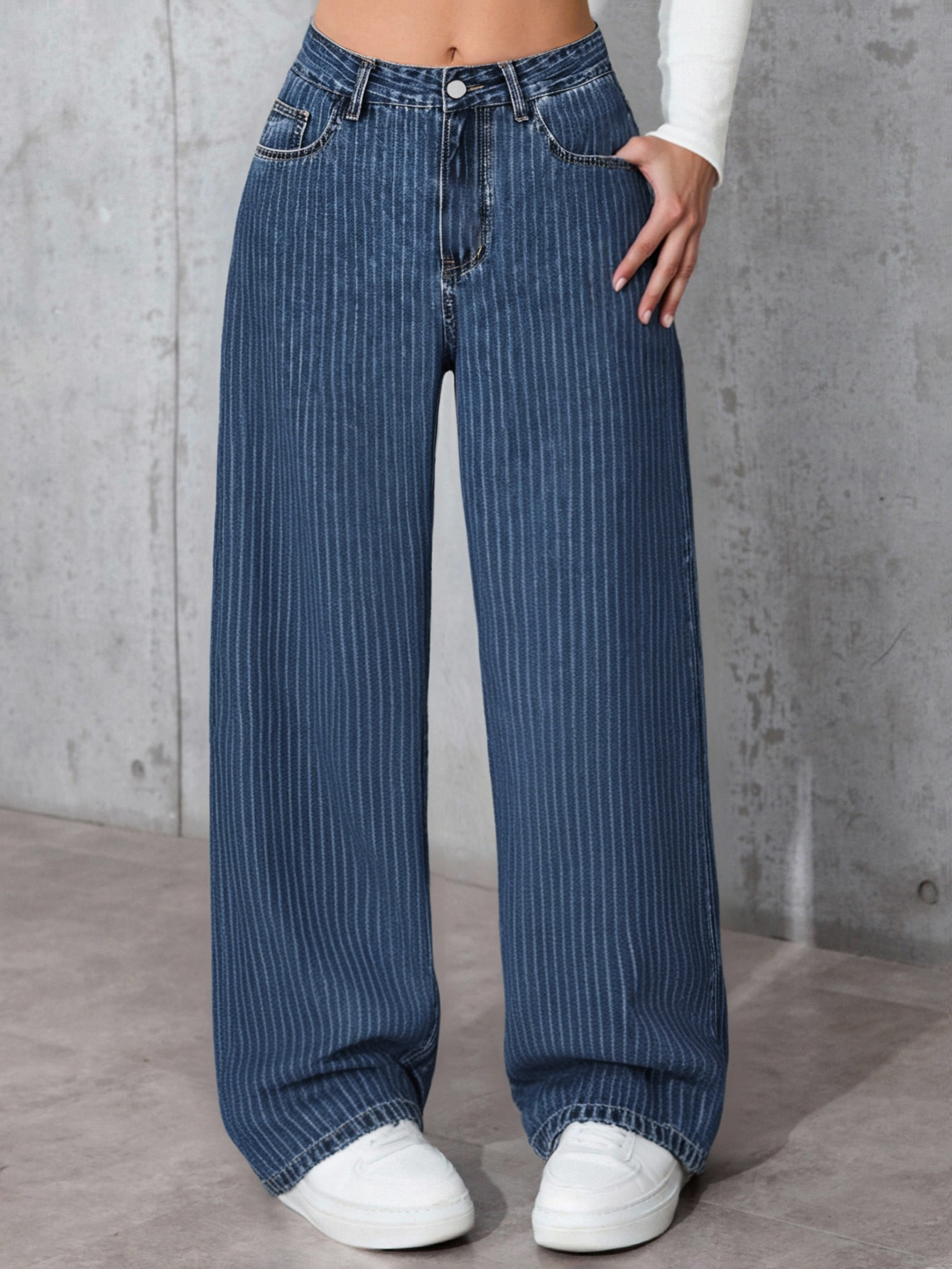 Women's High-Waisted Straight Leg Jeans Size 26 Sweet And Spicy Style Casual Striped Trousers Top Selling_mkmklike.com