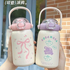 2025小茶日記新型保温カップ子供携帯二重飲みストローカップ高颜値ステンレス真空カップ