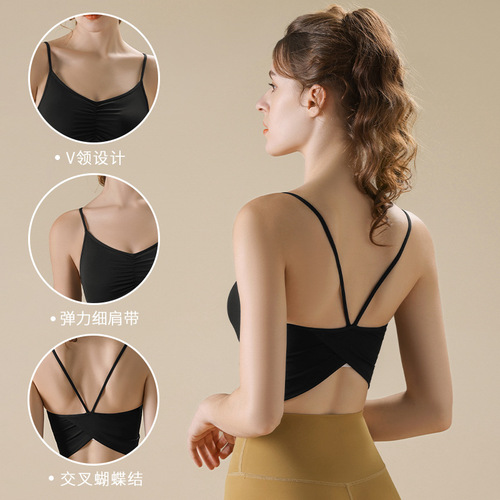 Yoga bra women's back cross bow medium strength fixed cup small sling professional Pilates sports bra