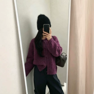 韩系ins风立领圈圈纱纯色纽扣针织毛衣秋冬款小个子短款百搭上衣