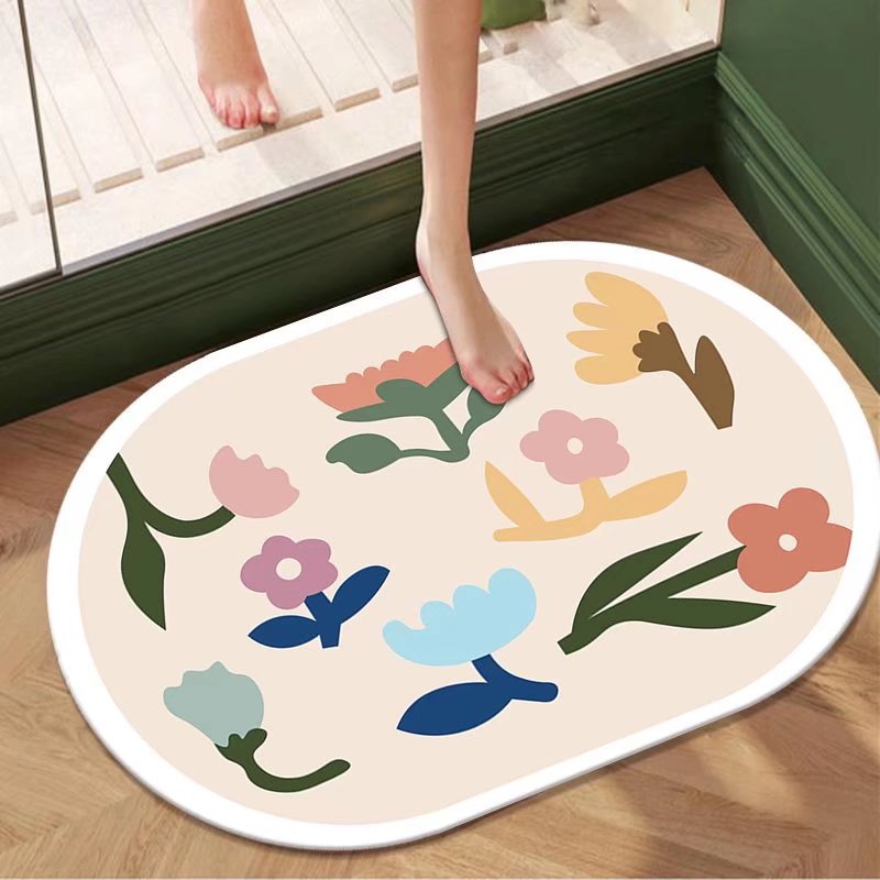 Pastoral al por mayor de flores y plantas de barro de diatomeas estera suave estera absorbente alfombra de baño ovalada alfombra de piso antideslizante alfombra de puerta absorbente