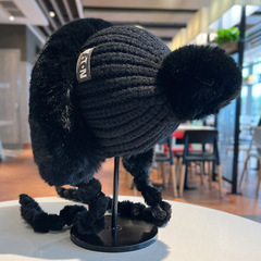 秋冬季加厚絨針織毛線帽子女護耳兔毛球雷鋒帽冬天保暖護耳套頭帽