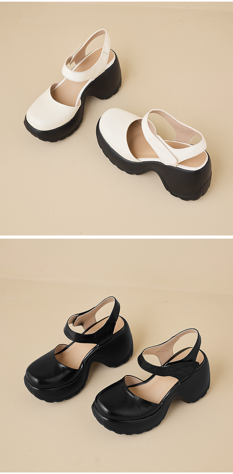 Sandal cao gót nữ hở mũi da thật quai dán, đế platform chống trượt, gót 9 cm — màu đen, màu trắng ngà chi tiết 13