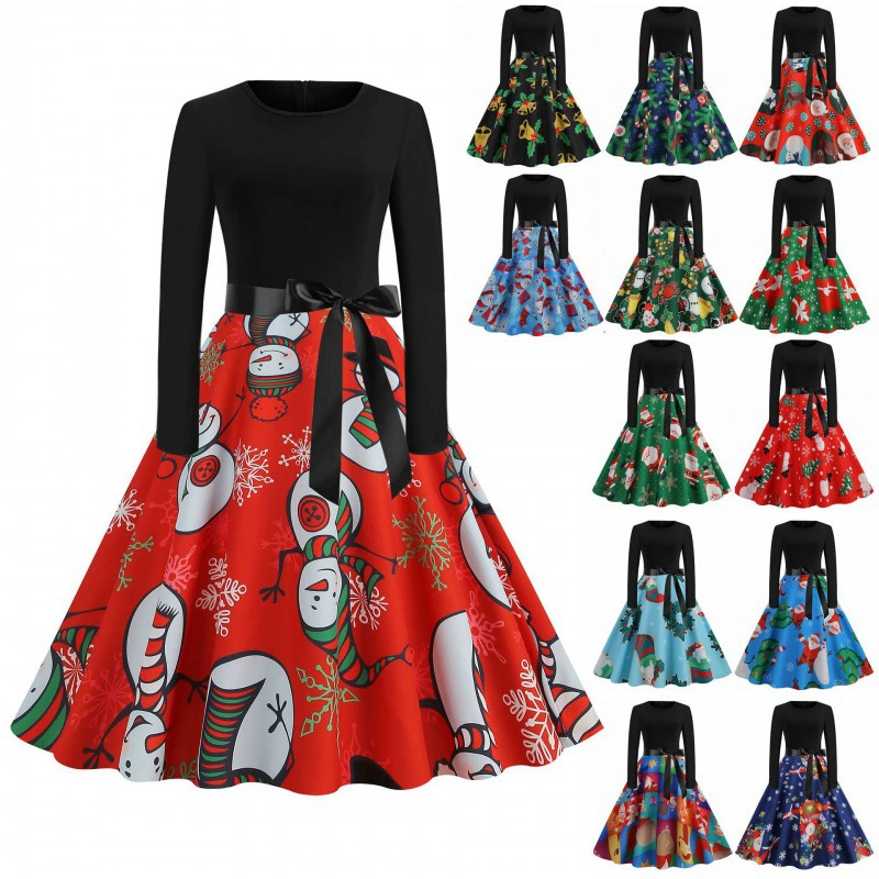 2022 независимая станция Amazon Ретро Hepburn Рождество Круглый вырез тонкий принт с длинным рукавом Элегантные повседневные большие качели