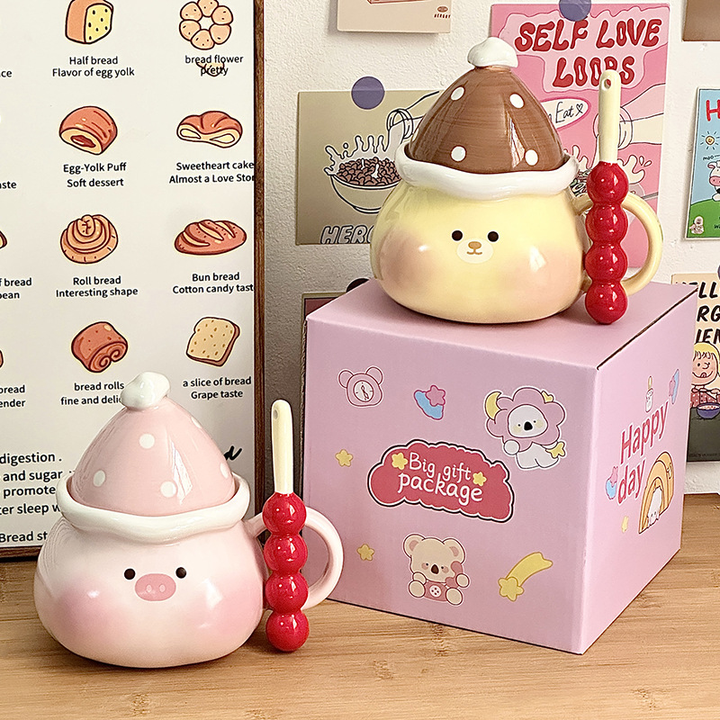 Linda taza de cerdo, taza de regalo de mano, taza de agua para niñas, taza de cerámica de oficina con tapa, regalo de cumpleaños para el hogar