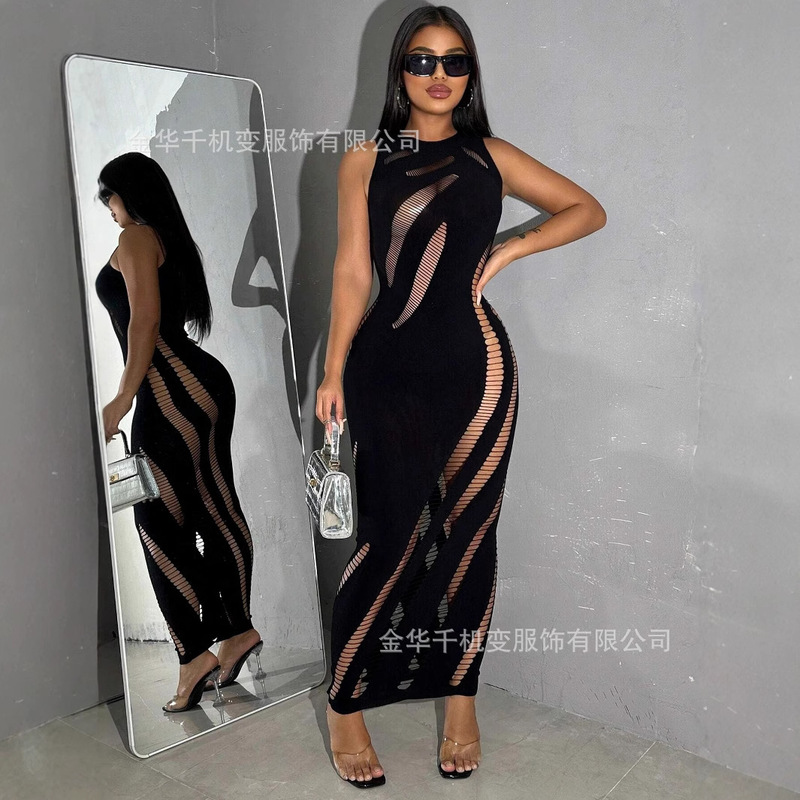 European and American Cross-Border 2025 Spring New Women's Sleeveless See-Through Cut Out Sexy Sexy Fashion Hip-Hugging Dress for Women