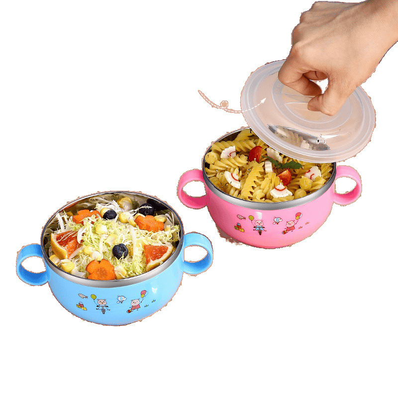 304 acero inoxidable para niños cuenco casero lindo anti-caída set de cubiertos para niños jardín de infantes cuenco con tapa