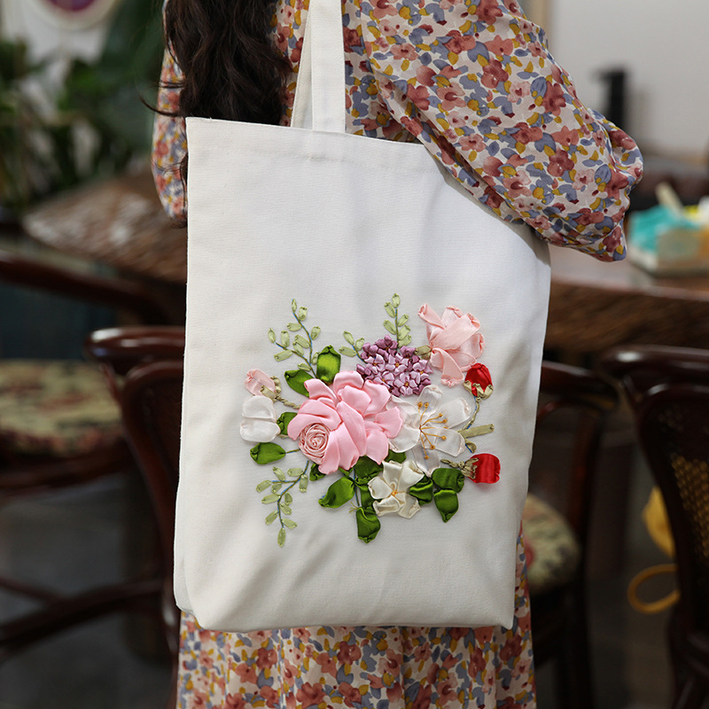 Hecho a mano DIY cinta bordada bolsa de lona Lu bordado solo hombro bolso tridimensional bordado flor lienzo mujer bolsa grande