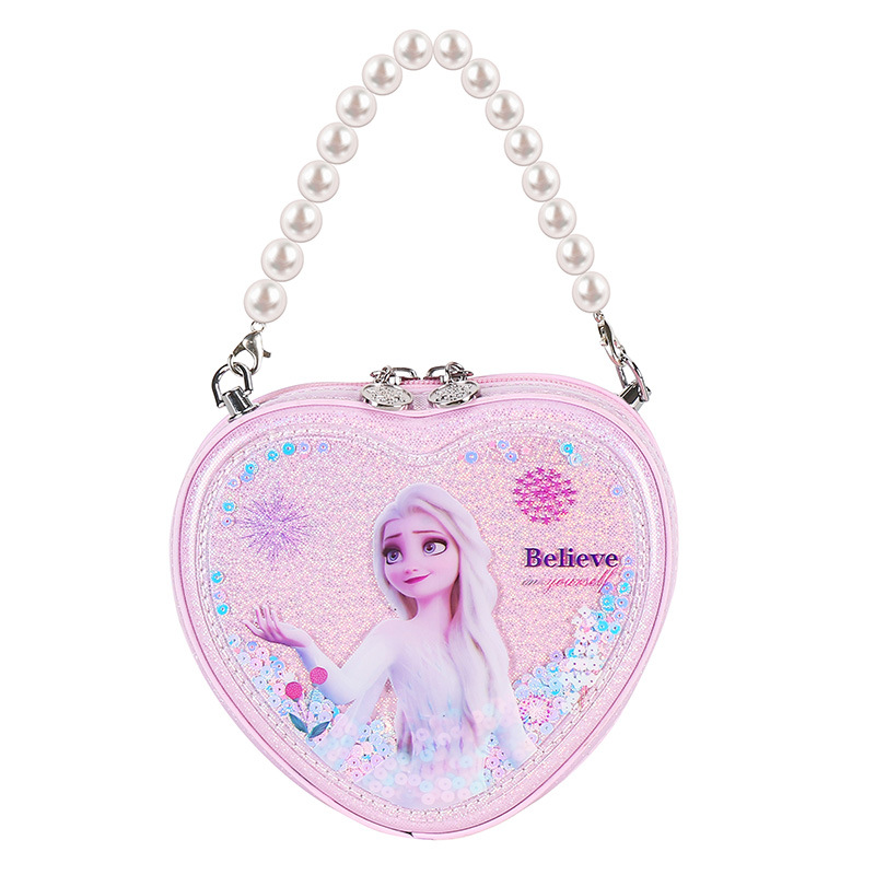 Bolso de Princesa para Niñas 2022, Bolso de Mano de PU con Perlas de Moda, Bolso Bandolera con Forma de Corazón de Frozen
