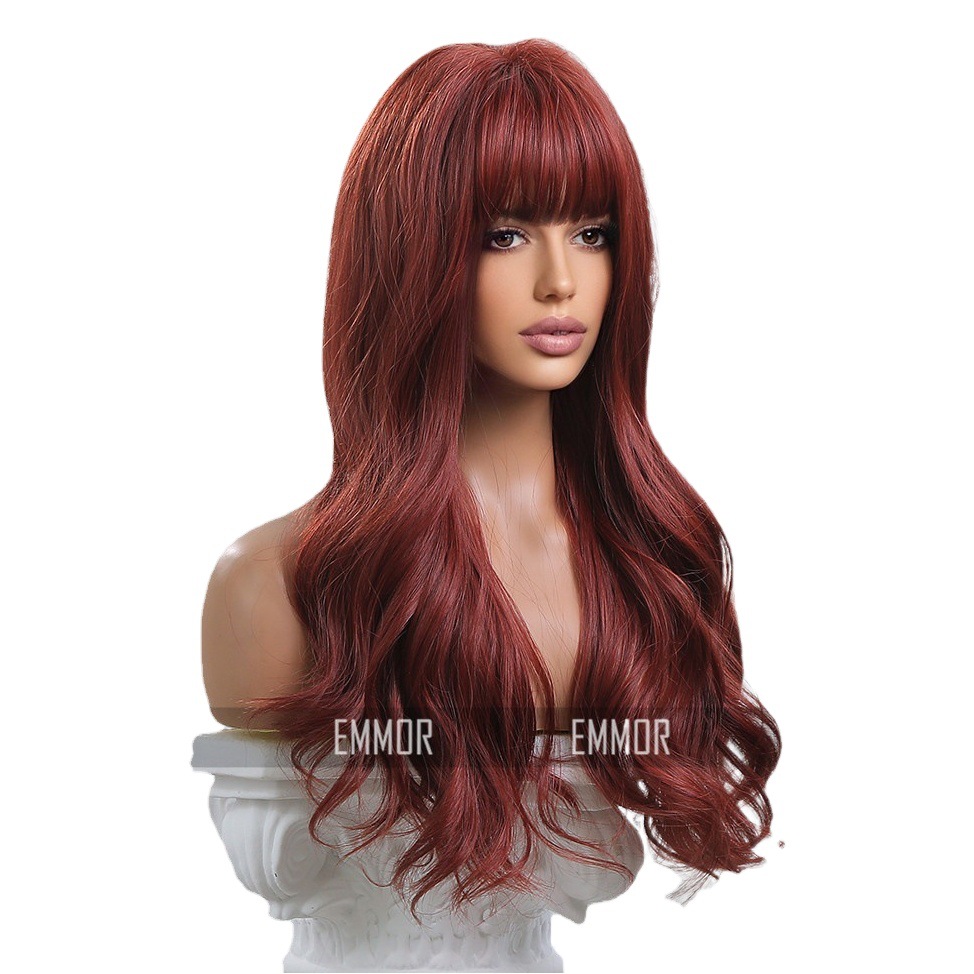 2024 nuevo estilo flequillo rojo vino rojo onda grande Pelo Rizado largo alta temperatura seda europea y americana peluca femenina cabeza completa cubierta