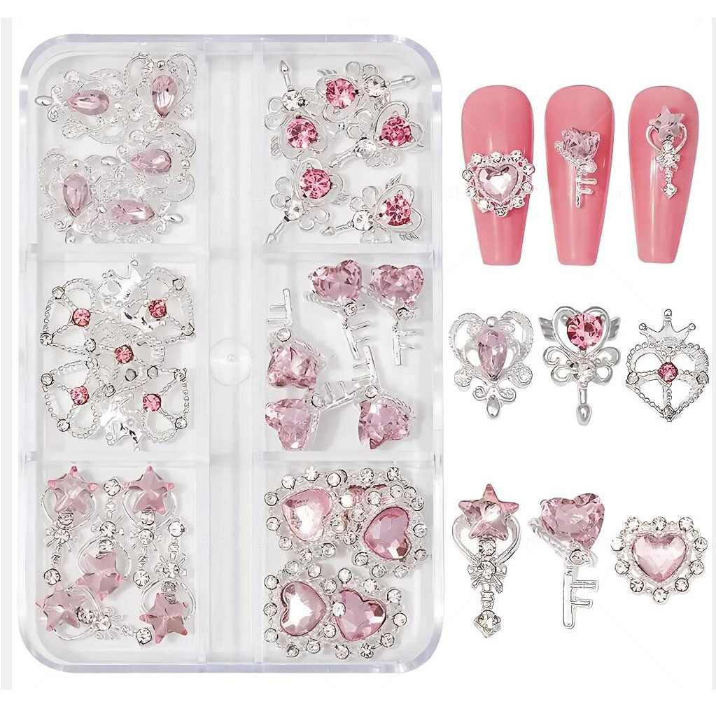 30 Heart Scepter Keys, Nail Art Jewelry, Beautiful Girl Red and Pink Rhinestone Alloy Trinkets, Boxed Nail Art Diamonds