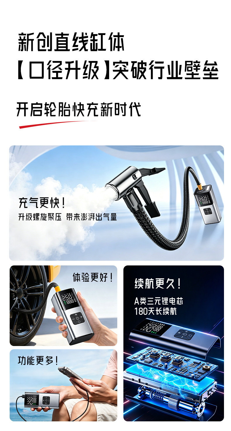 Digital display car air pump, multifunctional for both car and home use, wireless portable car tire inflator, direct supply from manufacturer