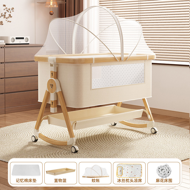 Cama de cuna plegable móvil ajustable de altura, cama de bebé portátil, cama de empalme para bebé multifuncional